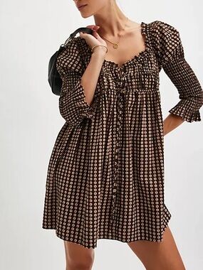 Free People Brown Geo Print Smocked Puff Sleeve Babydoll Mini Dress Size XS